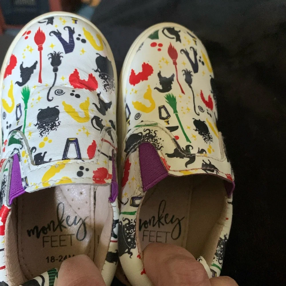 Monkey Feet White Slip-On Sneakers with Colorful Witch Motif